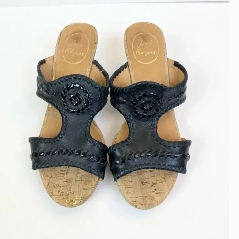Jack Rogers Shoes size 7M Emilia Black Leather Cork Wedge Sandal Sz 7